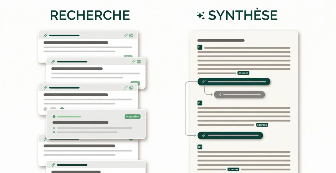 Comparaison pédagogique de résultats de recherche listés et d'une réponse synthétique avec références