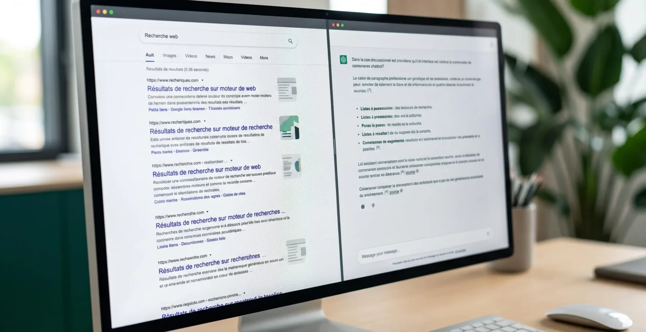 Deux représentations génériques d'une recherche web et d'une réponse conversationnelle consultées pour comparer la visibilité d'une marque